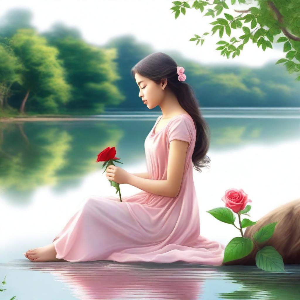 Draw a young girl sitting by a river, holding a rose in her hands