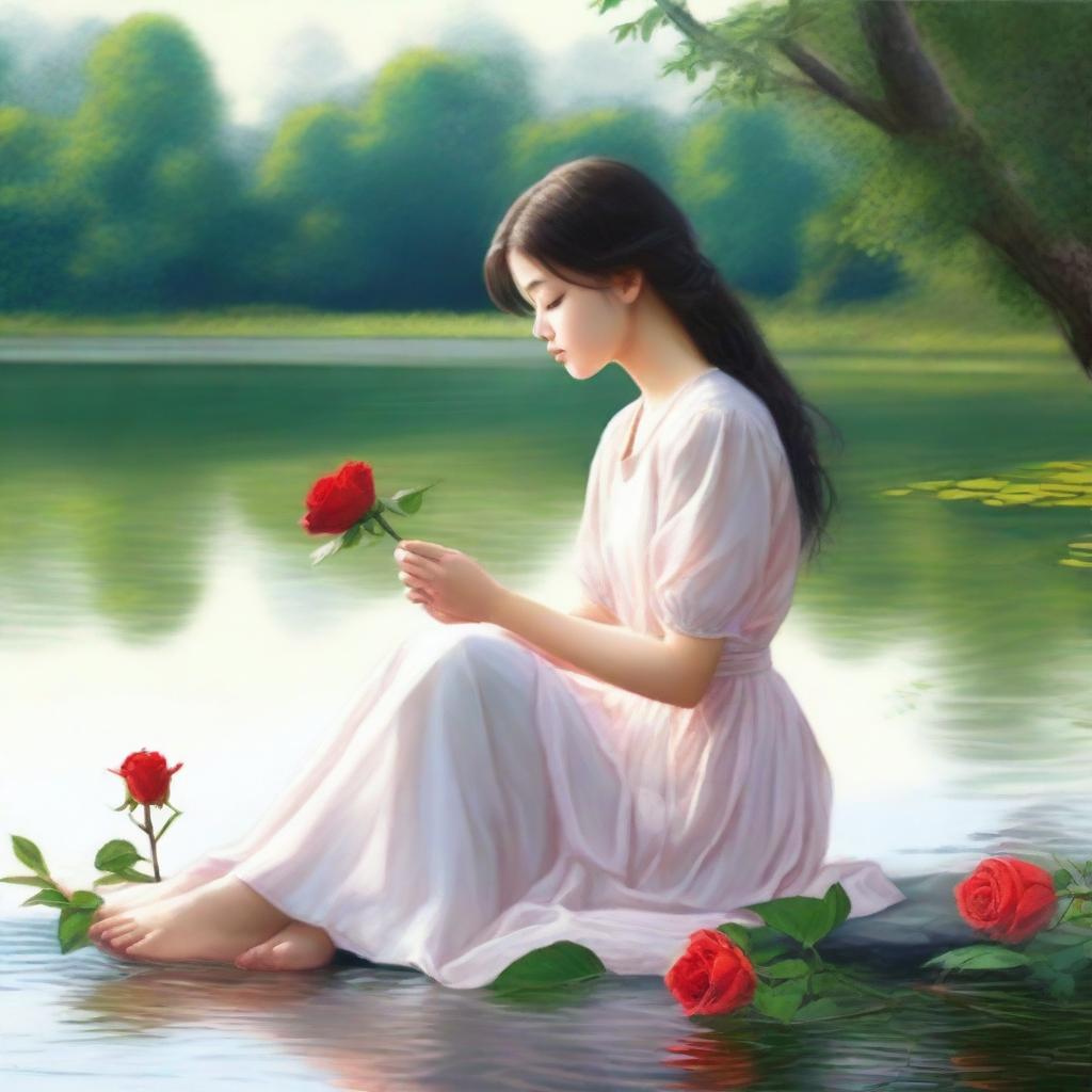 Draw a young girl sitting by a river, holding a rose in her hands