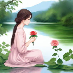 Draw a young girl sitting by a river, holding a rose in her hands