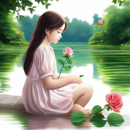 Draw a young girl sitting by a river, holding a rose in her hands