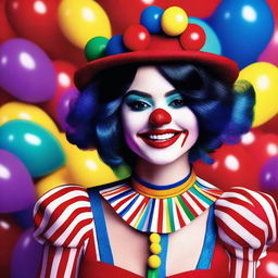 A whimsical and colorful depiction of Selena Gomez dressed as a clown