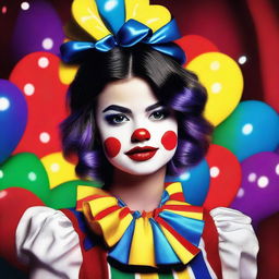 A whimsical and colorful depiction of Selena Gomez dressed as a clown