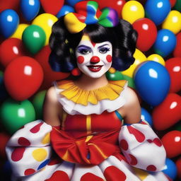 A whimsical and colorful depiction of Selena Gomez dressed as a clown