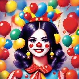 A whimsical and colorful depiction of Selena Gomez dressed as a clown