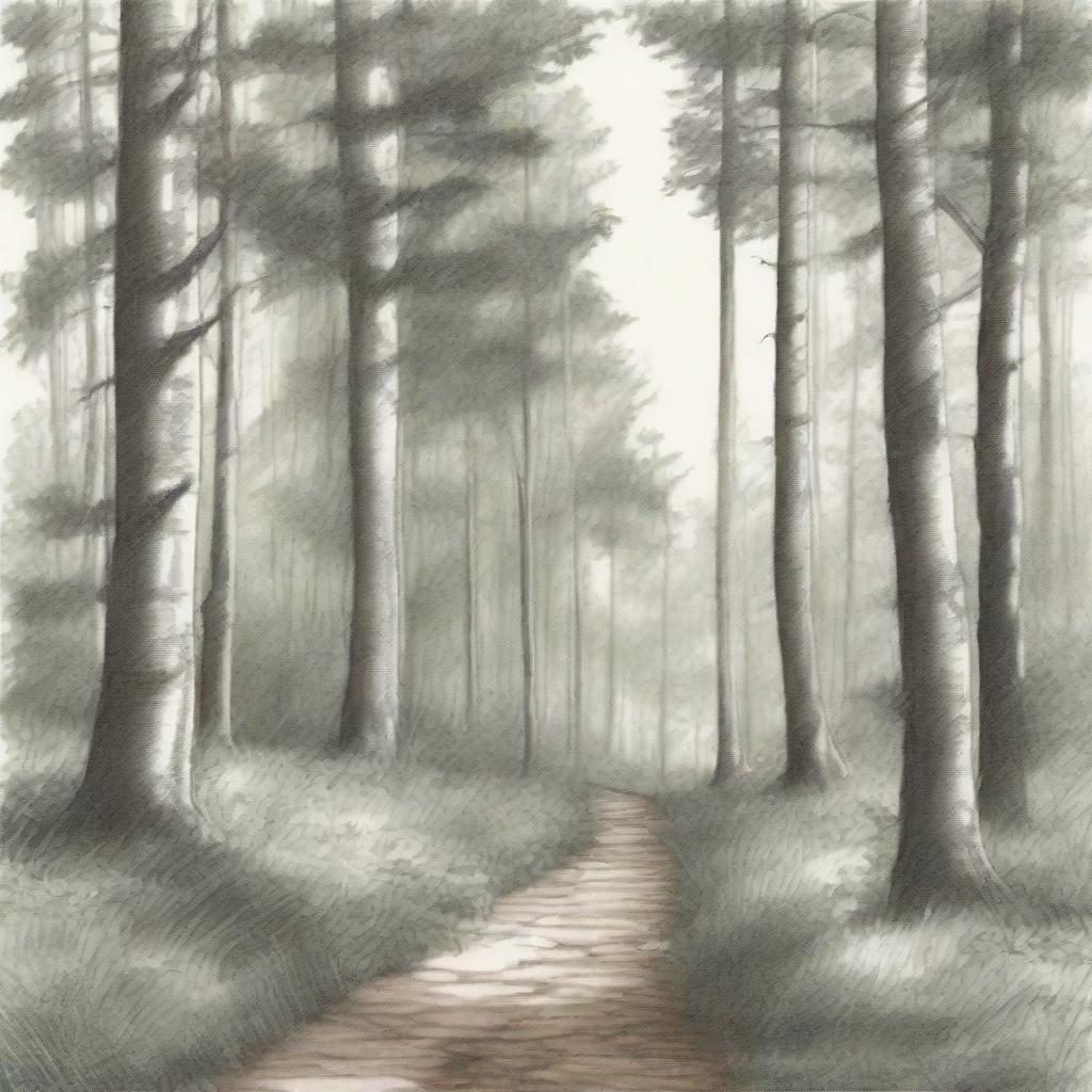 A highly detailed and realistic sketch of a serene woodland scene