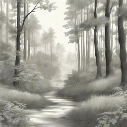 A highly detailed and realistic sketch of a serene woodland scene