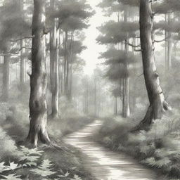 A highly detailed and realistic sketch of a serene woodland scene