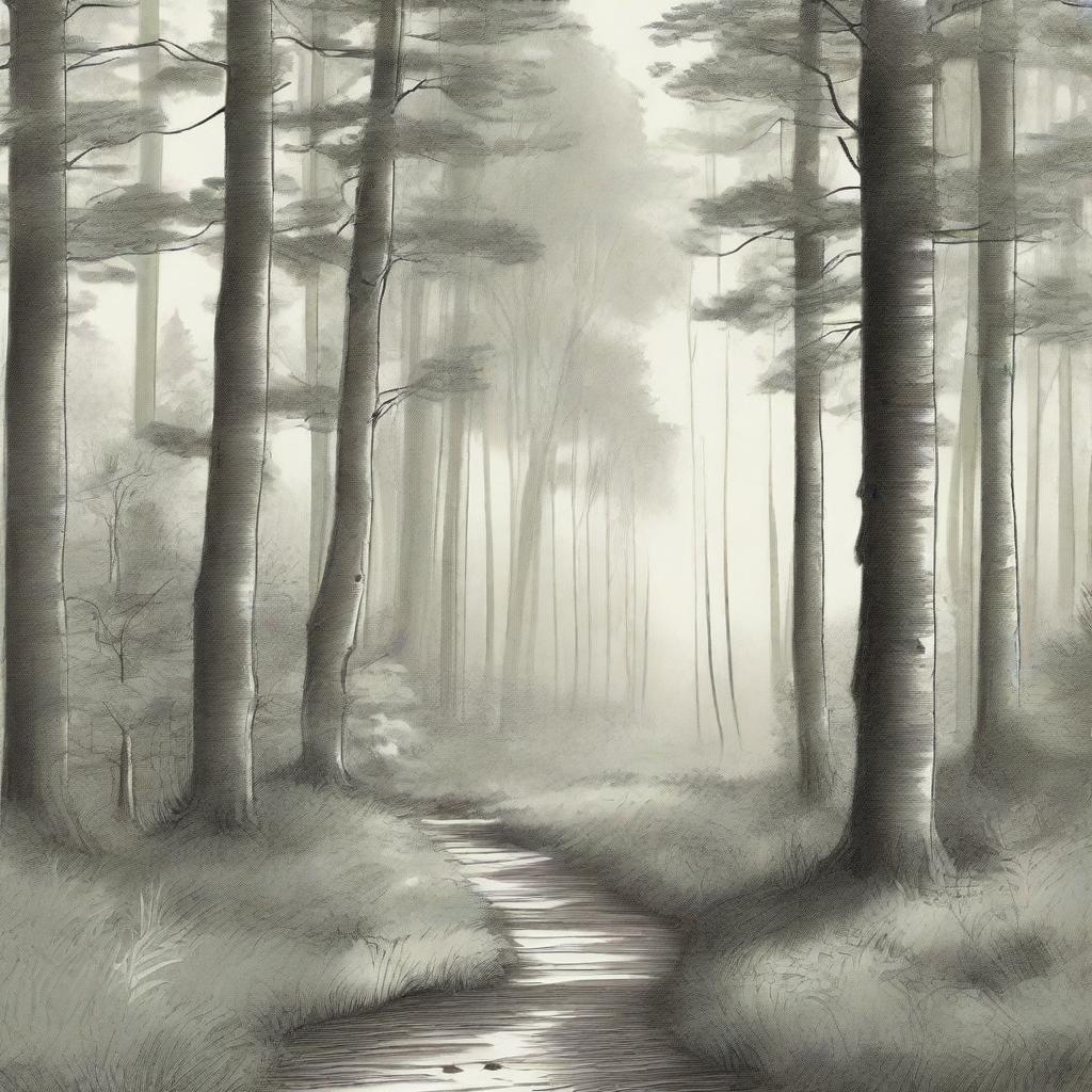 A highly detailed and realistic sketch of a serene woodland scene