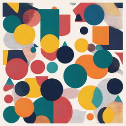 An abstract graphic print combining geometric shapes with bright colors, creating an impression of movement and energy