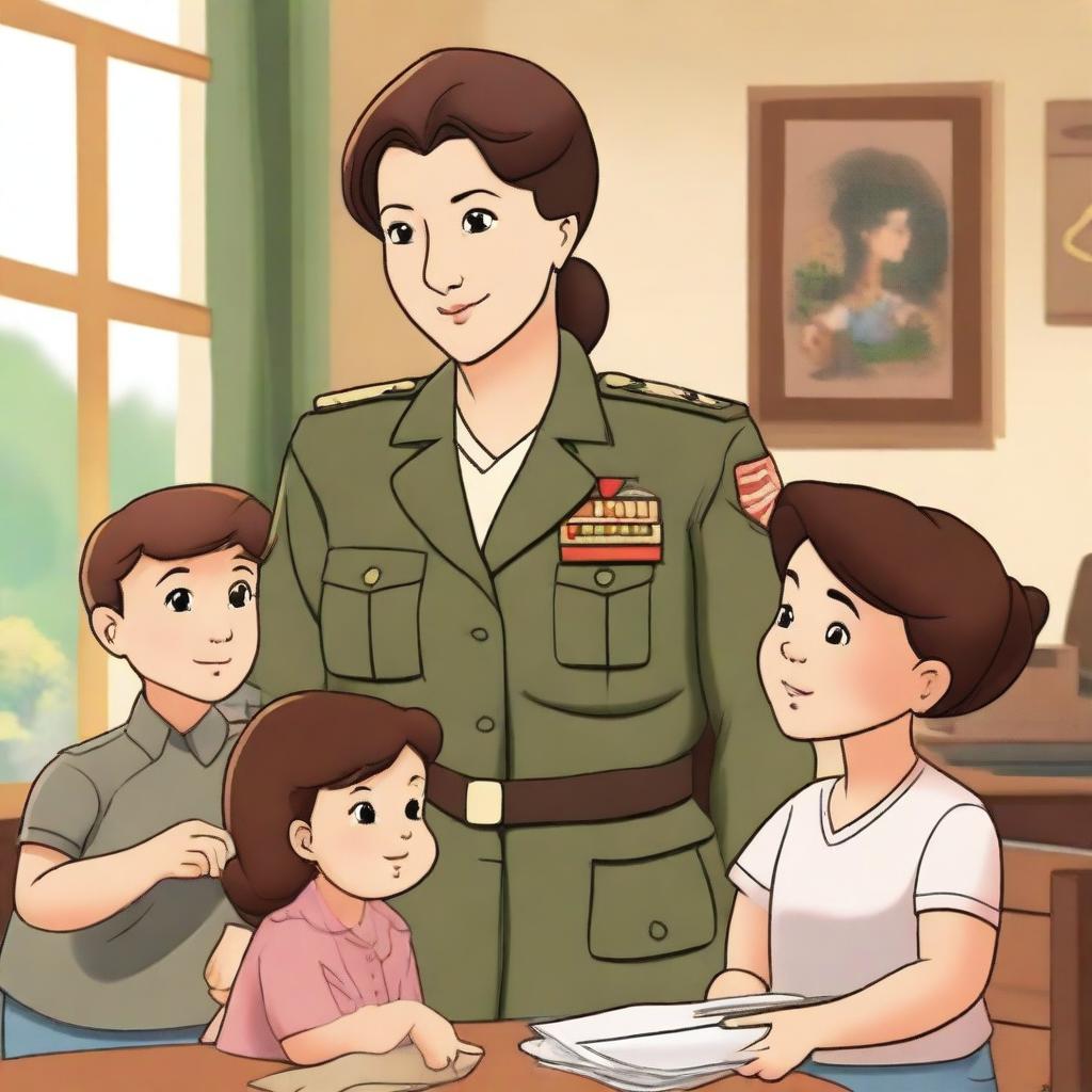 A female general who has become a mother of four children, depicted in a warm and loving family setting