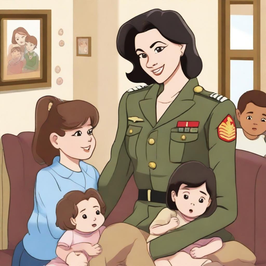 A female general who has become a mother of four children, depicted in a warm and loving family setting