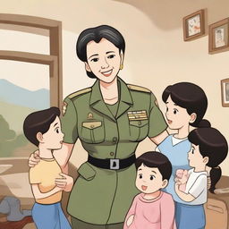 A female general who has become a mother of four children, depicted in a warm and loving family setting