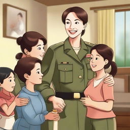 A female general who has become a mother of four children, depicted in a warm and loving family setting