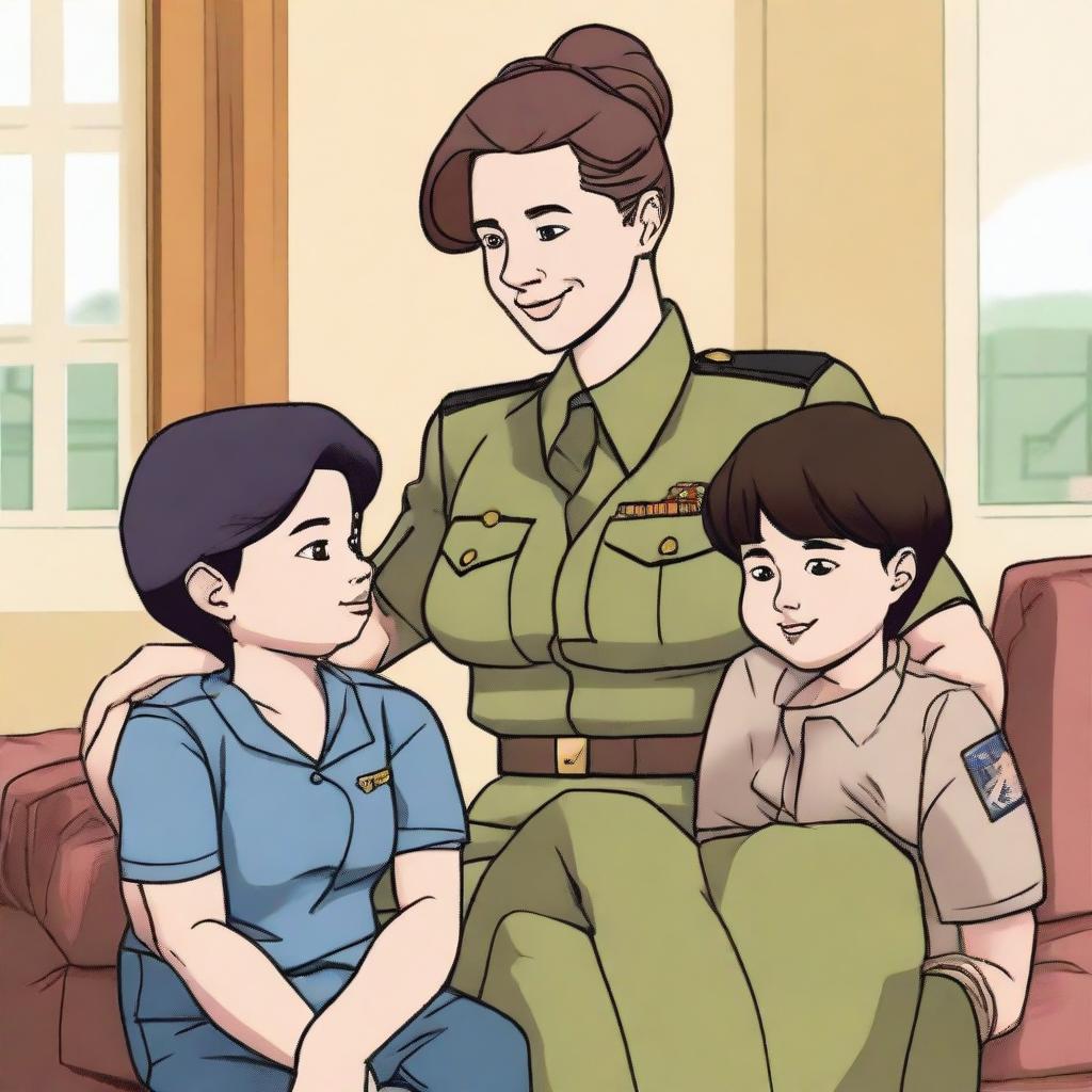 A female war general who has become a mother of four children, depicted in a warm and loving family setting