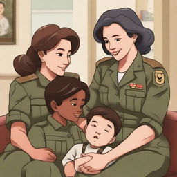 A female war general who has become a mother of four children, depicted in a warm and loving family setting