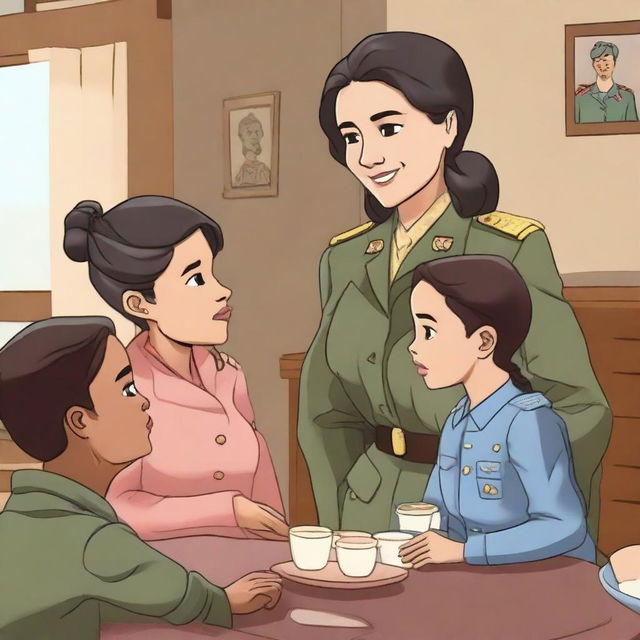 A female war general who has become a mother of four children, depicted in a warm and loving family setting