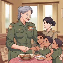 A female war general who has become a mother of four children, depicted in a warm and loving family setting