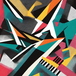 An abstract print featuring rock graphics with complex geometric shapes and aggressive colors, reflecting the energy and drive of rock music