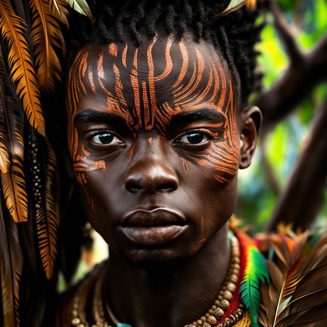 Intense close-up of another new different androgynous African man in tribal attire in a vibrant mystical jungle, with immaculate composition and lighting.