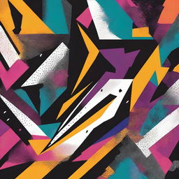 An abstract print featuring rock graphics with complex geometric shapes and aggressive colors, reflecting the energy and drive of rock music