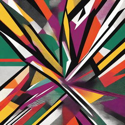 An abstract print featuring rock graphics with complex geometric shapes and aggressive colors that reflect the energy and drive of rock music