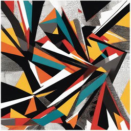 An abstract print featuring rock graphics with complex geometric shapes and aggressive colors that reflect the energy and drive of rock music