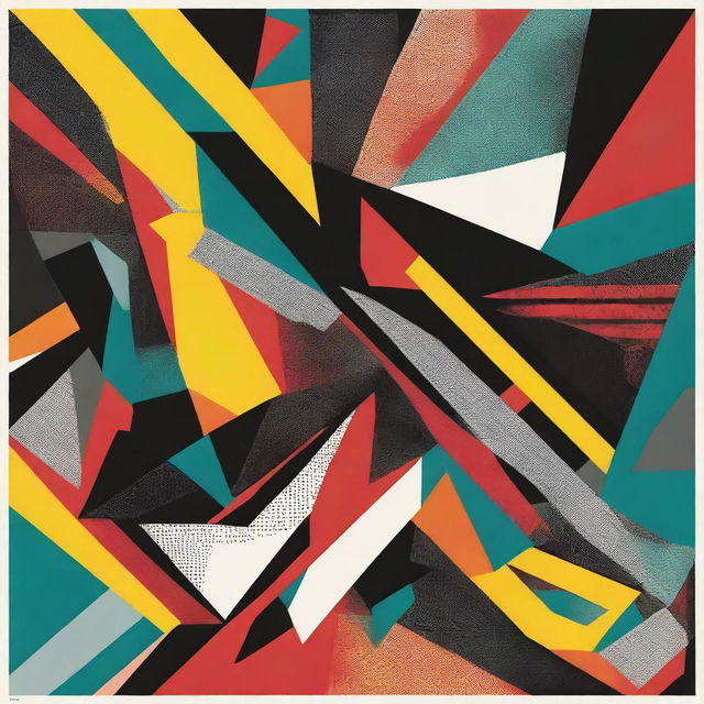 An abstract print featuring rock graphics with complex geometric shapes and aggressive colors that reflect the energy and drive of rock music