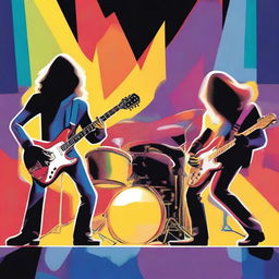 A print featuring musical instruments such as guitars, drums, and keyboards, creating the atmosphere of a rock concert