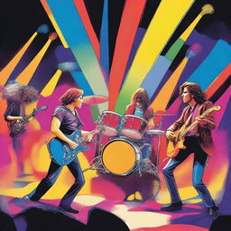 A print featuring musical instruments such as guitars, drums, and keyboards, creating the atmosphere of a rock concert