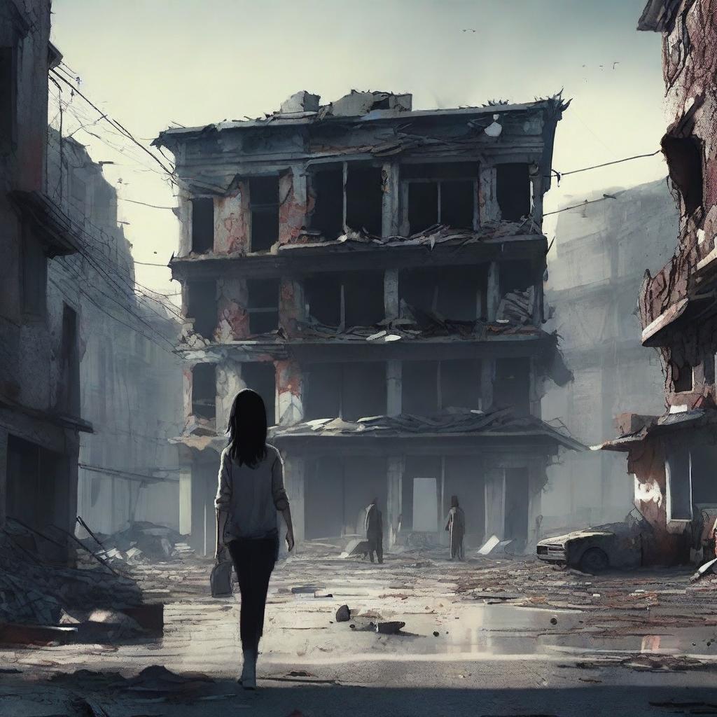 A woman with black hair walking through a city destroyed by a zombie apocalypse