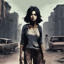 A woman with black hair walking through a city destroyed by a zombie apocalypse