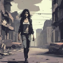 A woman with black hair walking through a city destroyed by a zombie apocalypse