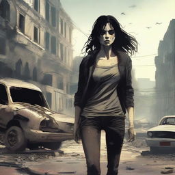 A woman with black hair walking through a city destroyed by a zombie apocalypse