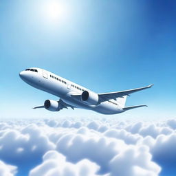 A detailed and realistic image of an airplane flying through a clear blue sky with a few fluffy white clouds