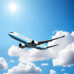 A detailed and realistic image of an airplane flying through a clear blue sky with a few fluffy white clouds