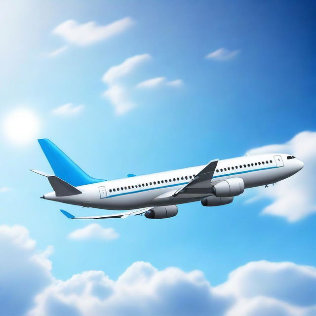 A detailed and realistic image of an airplane flying through a clear blue sky with a few fluffy white clouds