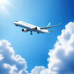 A detailed and realistic image of an airplane flying through a clear blue sky with a few fluffy white clouds