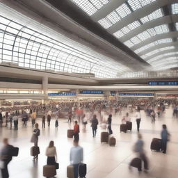 A bustling airport terminal with travelers, luggage, and airplanes visible through the windows