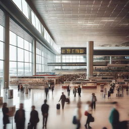 A bustling airport terminal with travelers, luggage, and airplanes visible through the windows