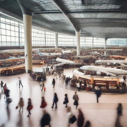 A bustling airport terminal with travelers, luggage, and airplanes visible through the windows