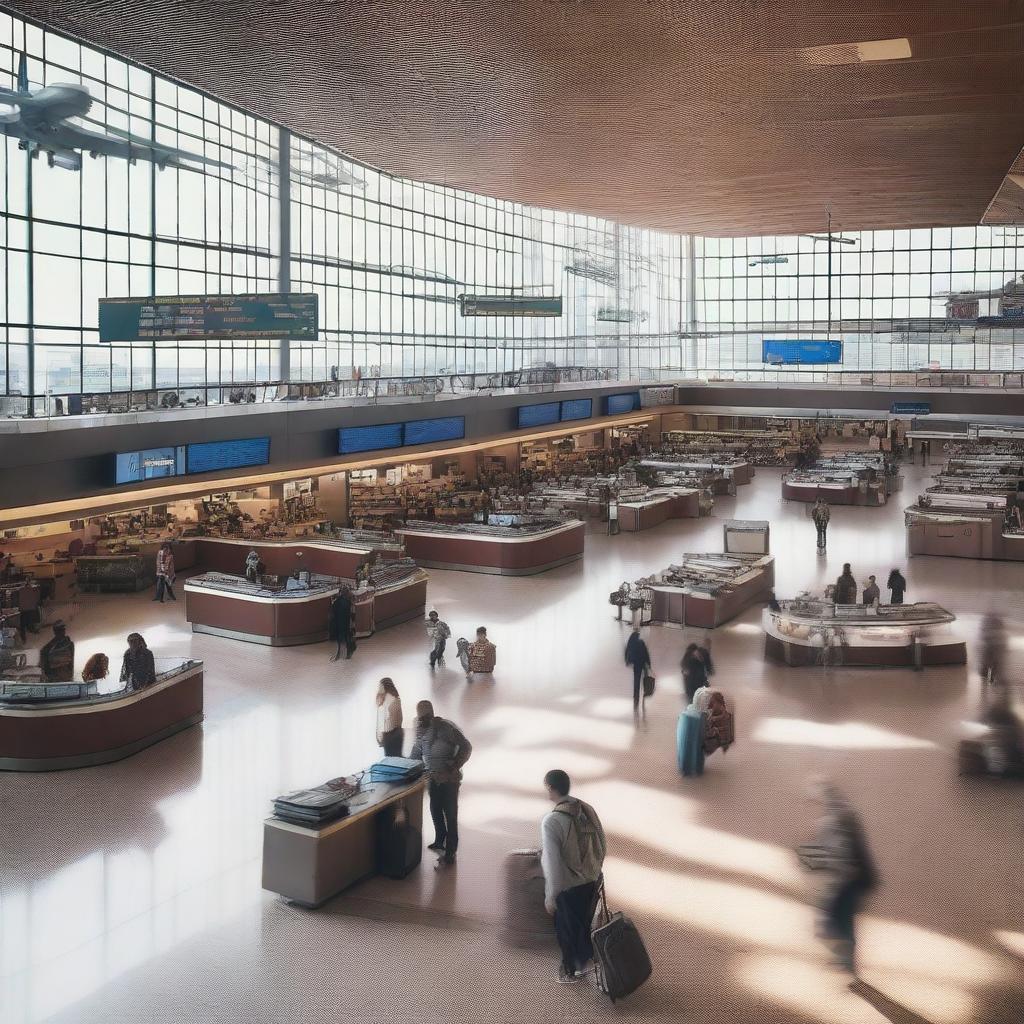 A bustling airport terminal with travelers, luggage, and airplanes visible through the windows