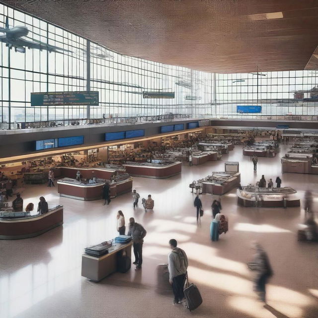 A bustling airport terminal with travelers, luggage, and airplanes visible through the windows