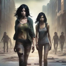 Book cover featuring a young, slim woman with black hair walking through a city destroyed by a zombie apocalypse