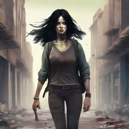 Book cover featuring a young, slim woman with black hair walking through a city destroyed by a zombie apocalypse