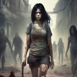 Book cover featuring a young, slim woman with black hair walking through a city destroyed by a zombie apocalypse