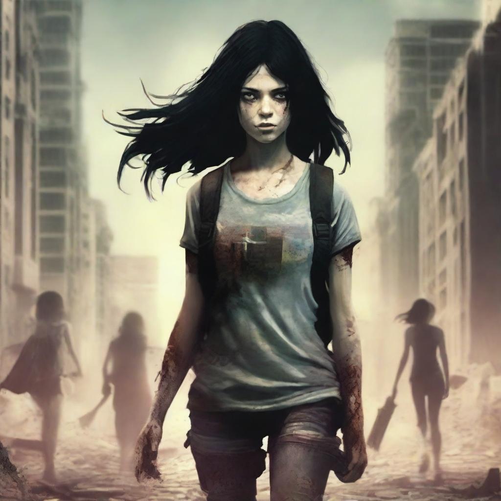 Book cover featuring a young, slim woman with black hair walking through a city destroyed by a zombie apocalypse