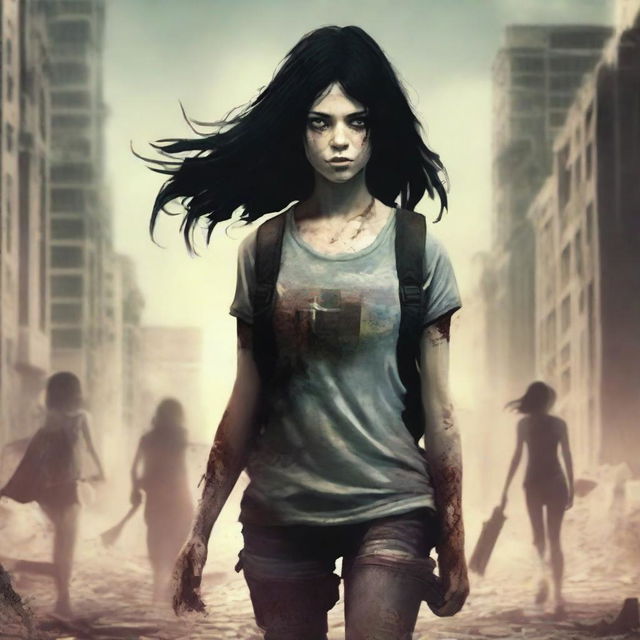 Book cover featuring a young, slim woman with black hair walking through a city destroyed by a zombie apocalypse