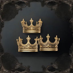 Create an image featuring a king's crown and a queen's crown placed side by side in a dark and shadowy environment