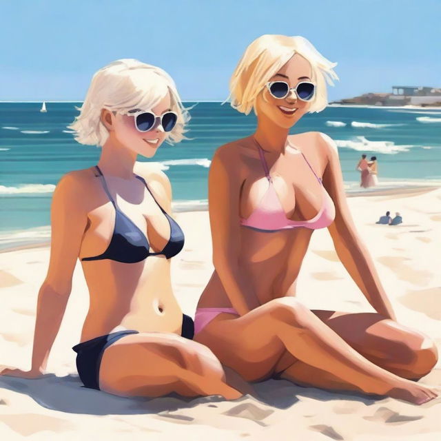 Two girls with short hair, one blonde and one with dark hair, sit on the beach wearing bikinis