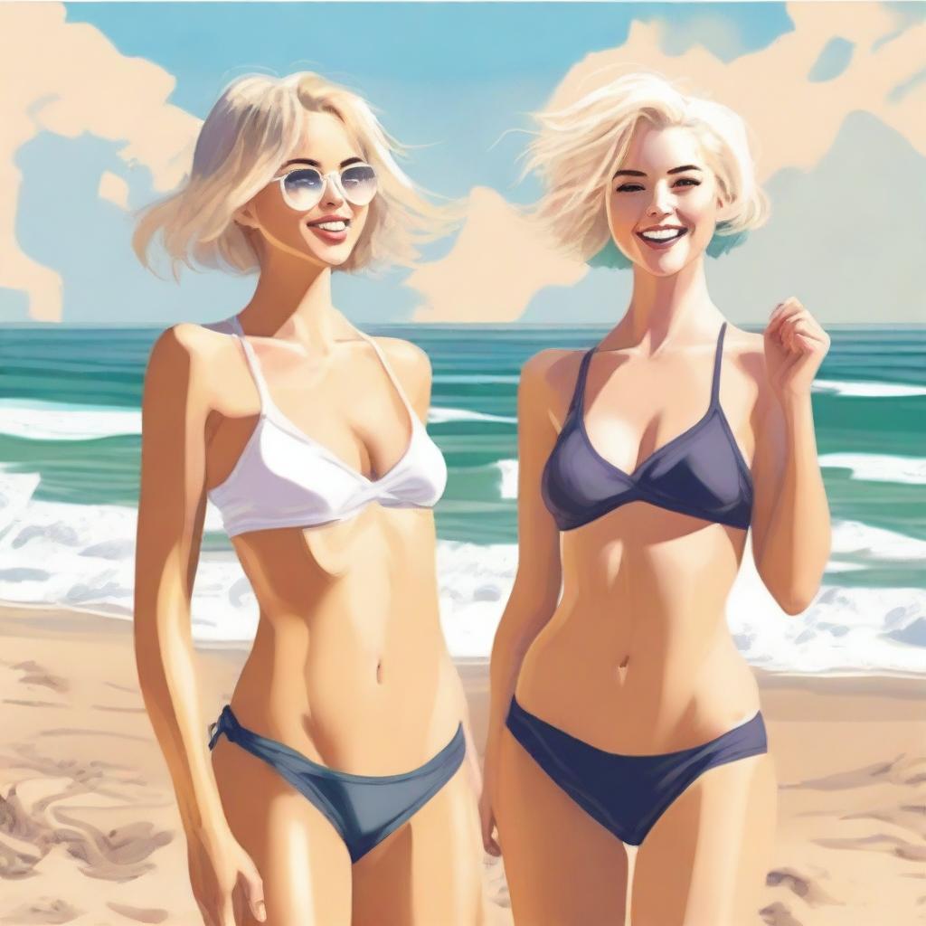 Two girls with short hair, one blonde and one with dark hair, are on the beach wearing bikinis